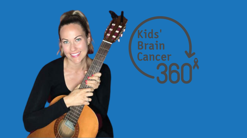 Sarah Punch, a music therapy specialist, holds an acoustic guitar in front of a blue backdrop; on the right is the 